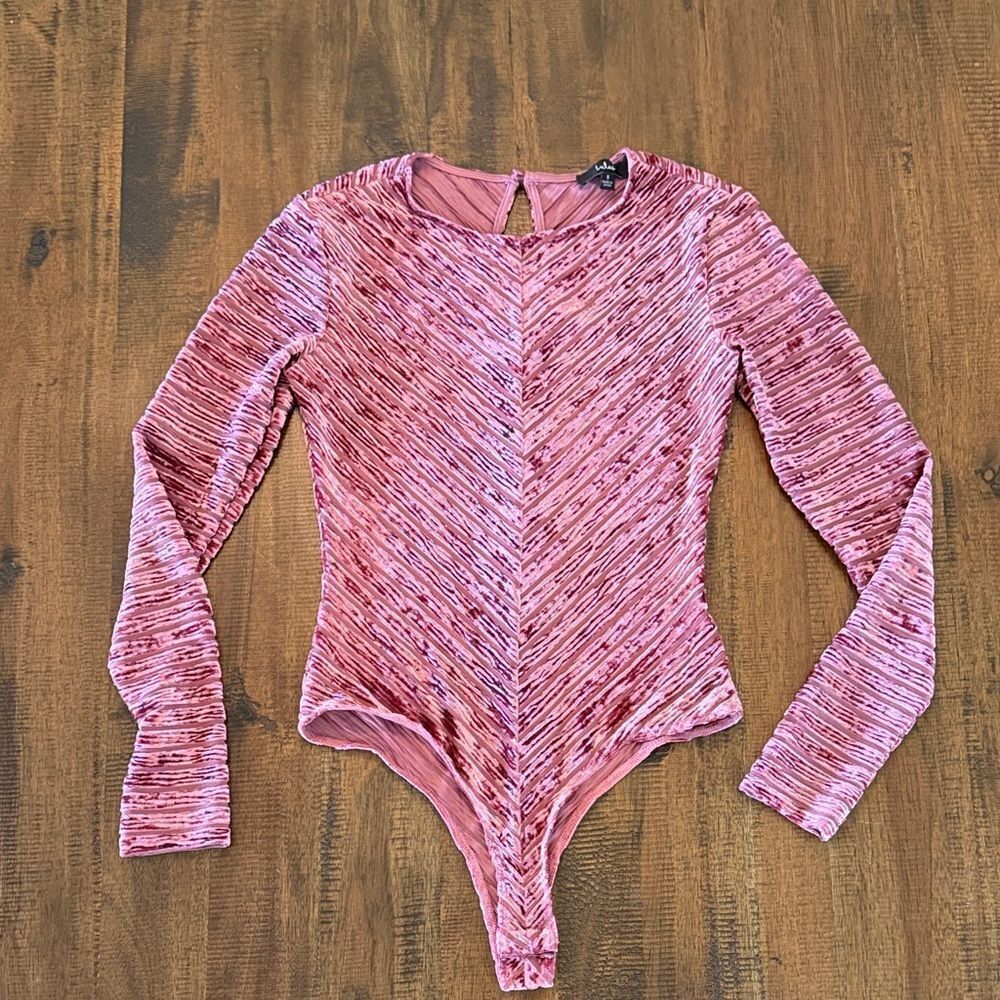 Lulus Pink velvet Long-Sleeve Ribbed bodysuit
